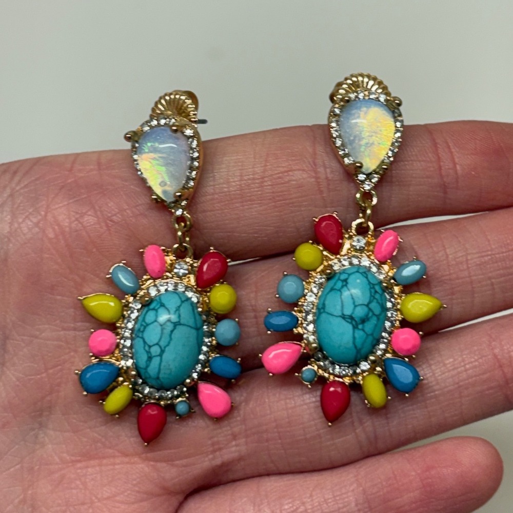 Multicolor Faux Turquoise Opal Rhinestone Gold Tone Statement Drop Earrings